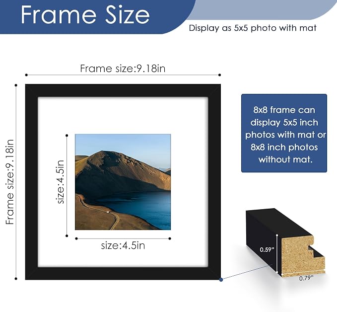 8x8 Picture Frame Set of 6, Wall or Tabletop Display, Black | Display Pictures 5x5 with Mat or 8x8 Without Mat, Horizontal or Vertical, Gallery Wall Frame Set, Wedding Birthday Gifts