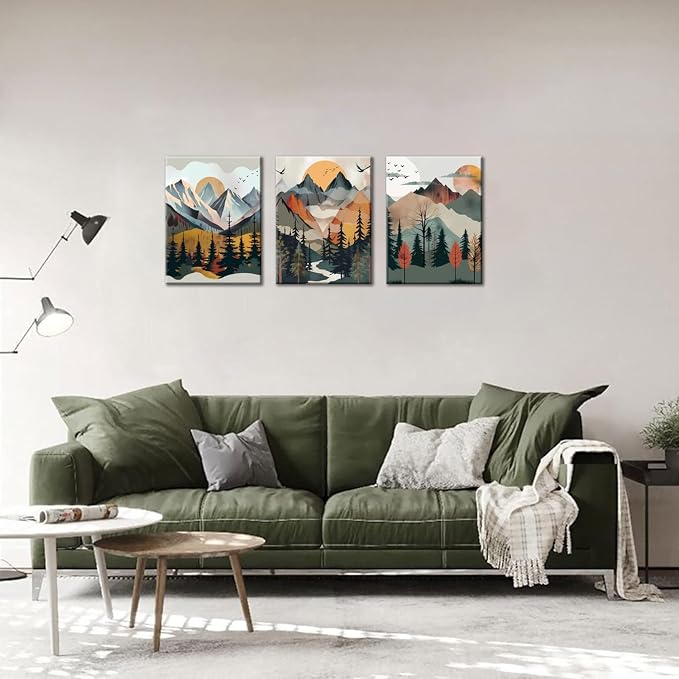 Mountain Canvas Wall Art Set of 3, Boho Sun Forest Abstract Nature Landscape Artwork Wall Decor, Watercolor Posters Prints Painting Picture Artwork for Living Room Bedroom Office 12 x16 In Framed