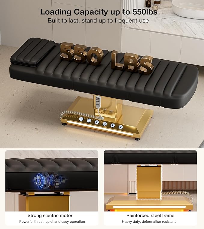 Paddie Luxury Fully Electric Spa Bed, Esthetician Spa Lash Table with LED Lights, Motorized Height & Angle Adjustable for Facial & Medical Treatment, Black