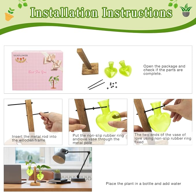 XXXFLOWER Plant Propagation Station Terrarium 2 Green Heart Shaped Vase | Terrarium Kit Bulb Glass Metal Desk Plant Holder, Retro Air Plants Water Plants, Home Office Decoration