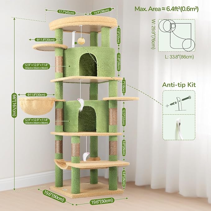 Globlazer 66in Cactus Corner Cat Tree for Indoor Large Cats, C66, Green | Space-Saving Stable Green Cat Tower with 6 Scratching Posts, 2 Large Fan-shaped Condos & Top Perch, Hammock, Climbing Steps