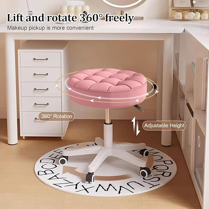 Small Rolling Stool with Wheels, PU Leather Height Adjustable Vanity Work Task Stool, 360 Swivel, Padded Seat Cushion, for Salon, Home, Office