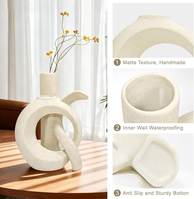 Assemble OK Ceramic Vase Set of 2 for Home Decor, Modern Boho Ins Style Matte Vase for Pampas Grass for Table Centerpiece, Living Room, Shelf, Mantle, Housewarming Gift (Beige White)