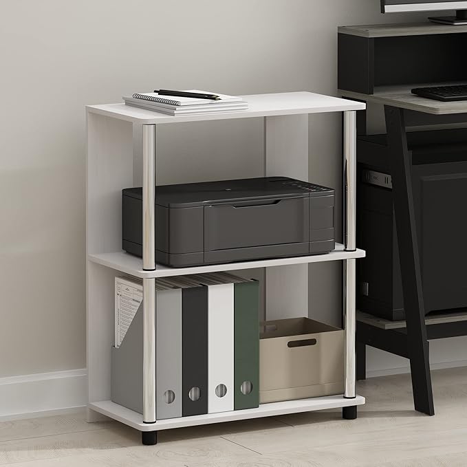 Furinno Jaya Simple Design 3-Tier Bookcase / Bookshelf / Display Rack with Stainless Steel Tubes, White Oak | 11.6 x 23.6 x 30, Storage Shelves, Shelving Unit, for Organization and Storage, Living Room, Garage, Home Office