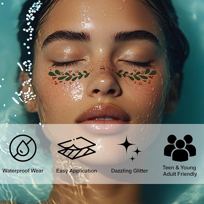 Christmas Glitter Face Tattoos – Waterproof Temporary Body Glitter Stickers for Holiday Parties and Christmas Festival Decorations, Sparkle Makeup Patches (6 Sheets)