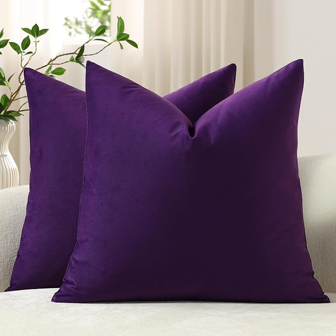 Euro Sham Covers 24x24 Purple: Pack of 2 Cozy Soft Velvet Square Modern Luxury Decorative Throw Pillow Cases for Sofa Couch Living Room Bed Home Decor