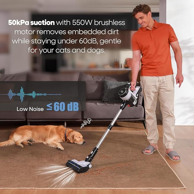 YONNDER Cordless Vacuum Cleaner, 550W 50KPA 70Mins Powerful Vacuum Cleaners for Home, with Anti-Tangle, LED Display Screen, Self-Standing Stick Vacuum for Hardwood Floors/Pet Hair/Carpet, M1, Silver