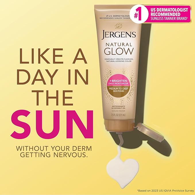 Jergens Natural Glow Self Tanner Body Lotion, Daily Sunless Tanning, Medium to Deep Skin Tone, Daily Moisturizer with Coconut Oil, Vitamin E and Antioxidants, 7.5 Oz, Pack of 2