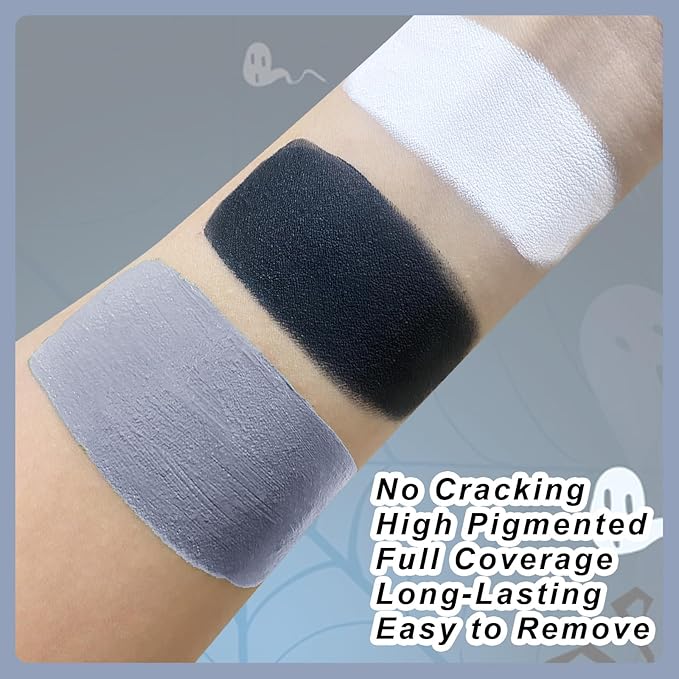 Black White Light Grey Face Paint + 3PCS Sponge + Brush,3 Colors Gray Body Paint Palette for Zombie Skeleton Vampire Cosplay,Skull Black White Halloween SFX Makeup Kit,21g