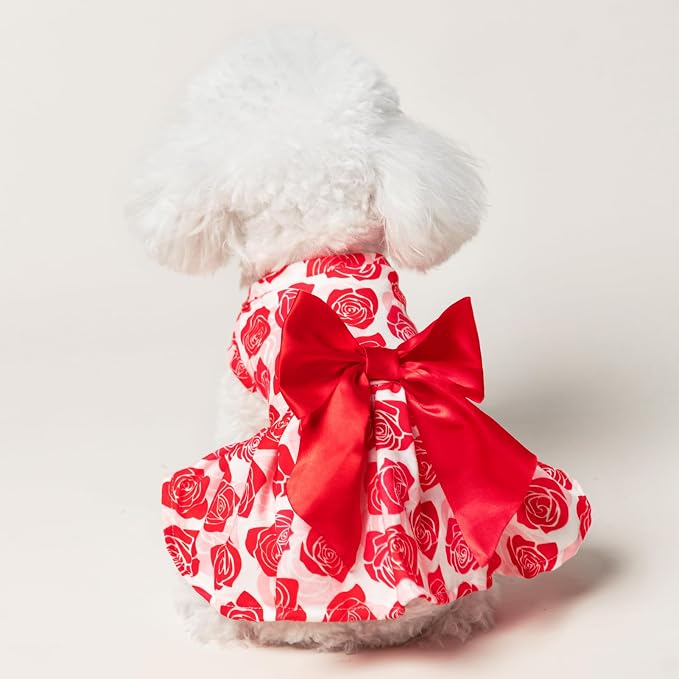 PUPTECK Floral Dog Wedding Dress Cute Small Dog Clothes with Bow Rose M | Puppy Doggie Pet Clothes Outfits Apparel Costume for Wedding Anniversary Birthday Photoshoot for Small Medium Large Dogs Girl