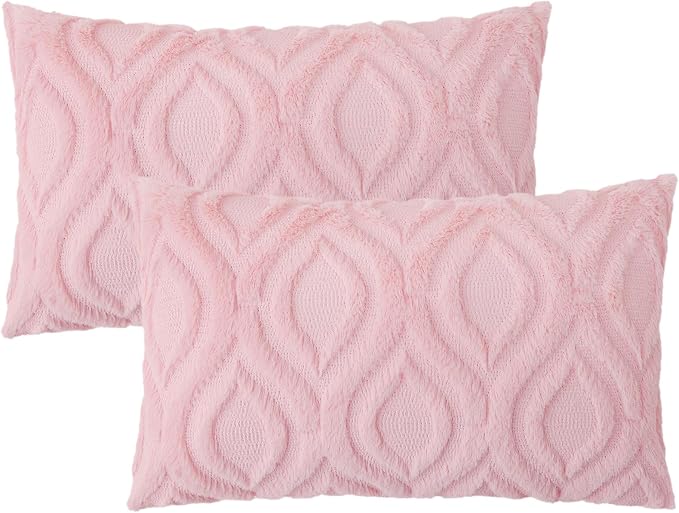 decorUhome Faux Fur Plush Light Pink Throw Pillow Covers 12x20 Set of 2 | Plush Solid Fall Couch Pillow Covers, Accent Modern Farmhouse Neutral Decorative Square Pillow Cases for Sofa Bed Living Room