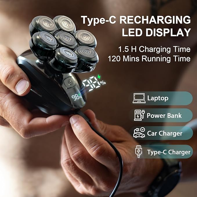 Head Shavers for Bald Men: Upgraded Detachable Head Shaver - IPX7 Waterproof Wet or Dry Electric Razor for Men - 7D LED Display Rechargeable Shaving Grooming Kit with Type-C Charge