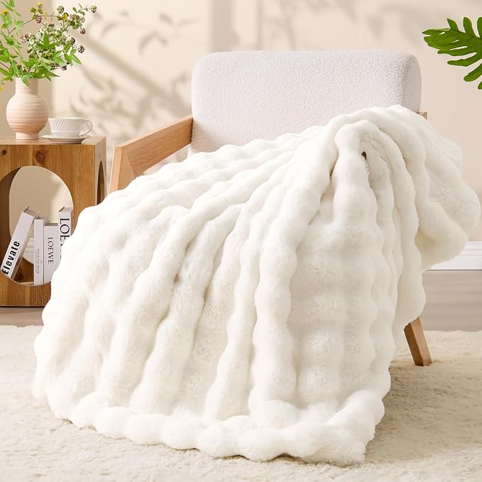 BEDELITE Faux Fur Throw Bubble Blanket for Couch, 50" x 60", Cream | 870GSM Soft Cozy Plush Blanket for Sofa & Bed Living Room Decor, Warm Fuzzy Faux Rabbit Fur for Women Gift, All Season Use