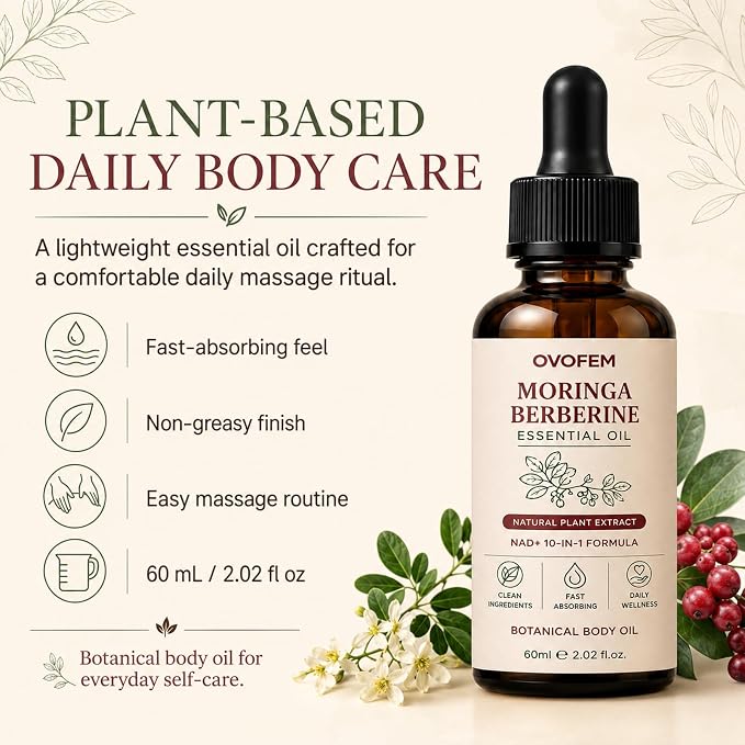 Ovofem Moringa Berberine Essential Oil, NAD+ 10-in-1 Botanical Body Massage Oil, Nourish and Smooth Skin, Fast-Absorbing Non-Greasy Formula, Daily Body Care Support, 2 fl oz