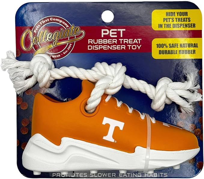 NCAA Tennessee Volunteers Cleat Sneaker Spike Dog Toy, Treat Dispenser Chew Toy for Dogs, Interactive Rope Tug Toy, Slow Feeder Natural Rubber Dog Toy with Official Team Logo for Puppies & Adult Dogs