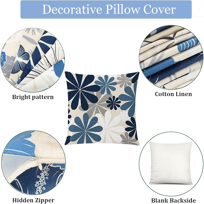 Blue Beige Linen Pillow Covers 16x16 Set 6 Farmhouse Daisy Floral Decor | daisy sunflower dahlia, decorative cushion cover, Breathable Linen, Accent pillow chair small Sofa, modern farmhouse Decor
