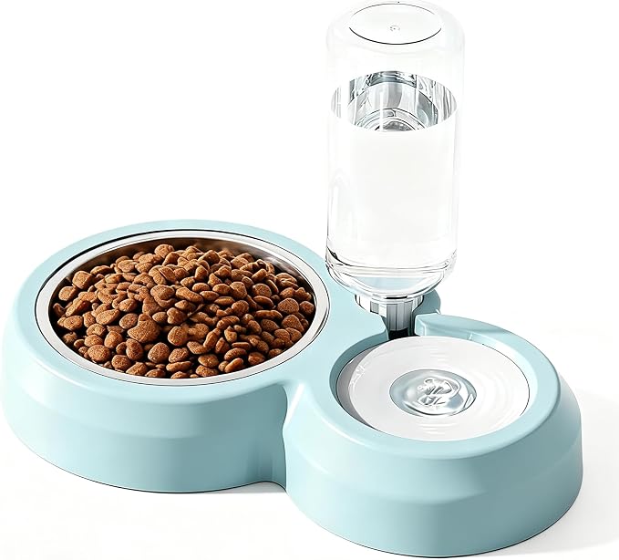 YSHOME&PET Double Dog Bowls, Cat Food & Water Bowl Set with Water Dispenser | Detachable Durable Stainless Steel Bowl Gravity Feeder for Small or Medium Size Dogs Cats Kittens Rabbits Bunny Easy to Clean