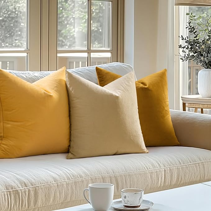 MIULEE Velvet Throw Pillow Covers 16x16 Inch Pack of 2 Mustard Yellow | Soft Solid Small Decorative Pillow Covers, Modern Luxury Home Decor, for Couch Chair Sofa Bedroom Livingroom Car