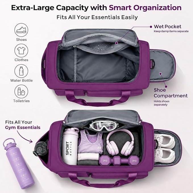 FIORETTO Women's Gym Duffle Bag with Shoes Compartment, 30L Capacity, Ideal for Travel, Gym, Sports, Duffel, Weekender