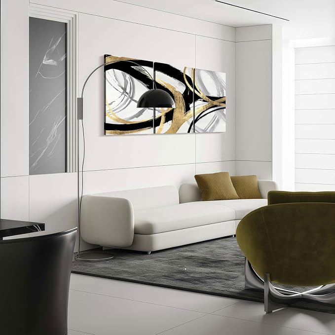 3Pcs Framed Abstract Wall Art Gold Black and White Lines Picture Canvas Prints Modern Line Prints Living Room Bedroom Office Poster Gallery Home Decor 16x24 Inch Ready to Hang