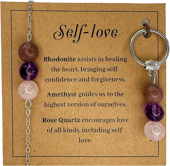 Healing Crystal Keychain Bracelet Set Healing Stones Anxiety Relief Natural Crystal Keychain for Women