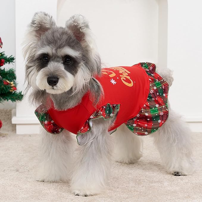 XPUDAC 4 Pack Christmas Dog Dress Plaid Puppy Clothes for Small Dogs Girl Cute Pet Outfit Doggy Apparel Cat Holiday Party Costume, Red, Green, XXS
