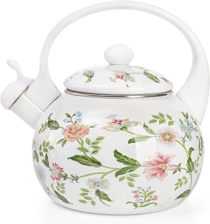 Jucoan 2.3 Quart Vintage Enamel Tea Kettle, Whistling Tea Kettle for Stove Top, Floral Enamel on Steel Teakettle Teapot for Home Kitchen Camping, Gift for Wedding Housewarming Mother's Day