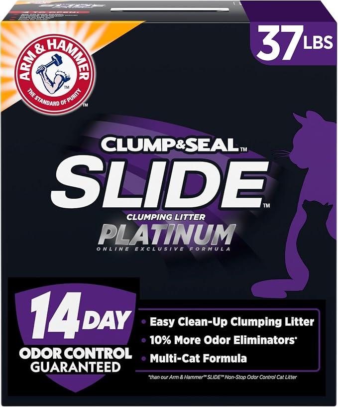ARM & HAMMER Slide Platinum Easy Clean-Up Clumping Cat Litter, 37 Lbs | 24/7 Odor Control, Triple-Action Freshness, Non-Stick, Low Tracking, Multi-Cat Formula, Scented