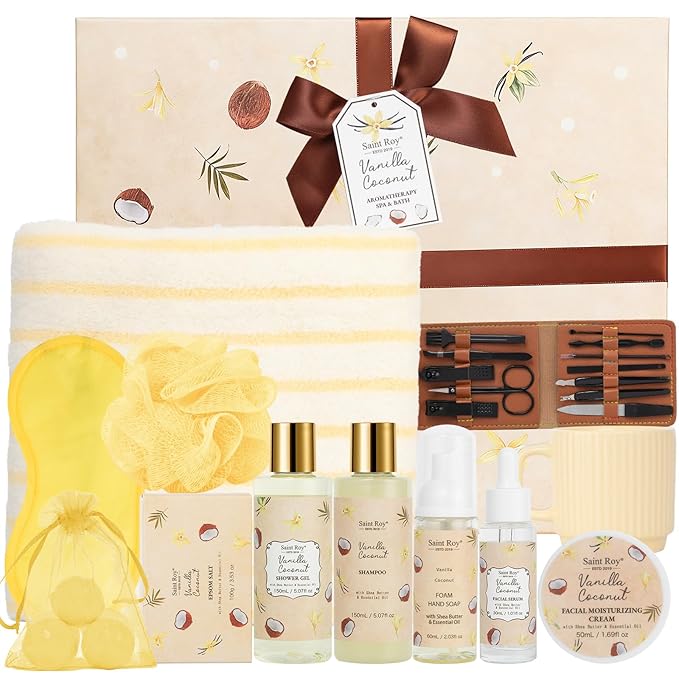 33 Pcs Coconut Vanilla Spa Gift Basket for Women & Men, Face Skin Care Set, XXL Bath & Body Set, Self Care Pamper Kit, Manicure Set, Birthday, Christmas, Valentines, Mother Day, Anniversary