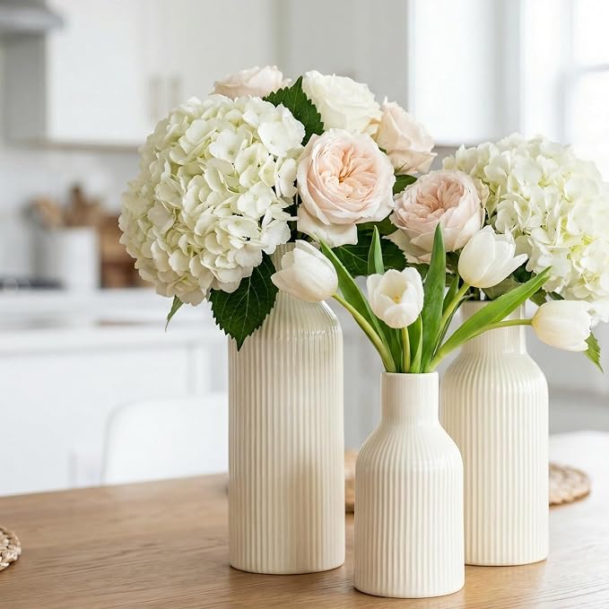 Beige Ceramic Flower Vases Set of 3, Modern Smooth Ribbed Texture, Nordic Minimalist Decor for Pampas, Dried & Fresh Flowers, Centerpiece for Living Room, Shelf, Entryway, Wedding
