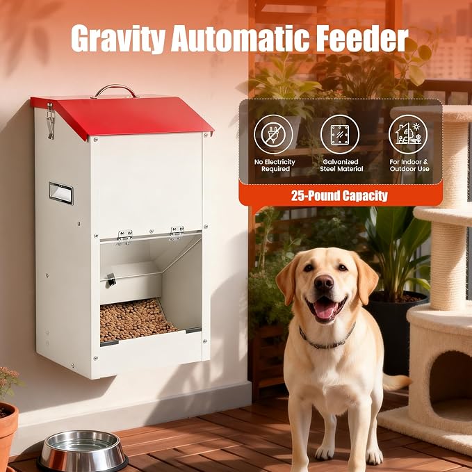 25lbs Automatic Dog Feeder Large Breed Gravity Dog Food Dispenser | Internal Door Lock‑in Design, Heavy Duty Galvanized Dog Feeder, for Multiple Dog Breeds Pets Indoor Outdoor