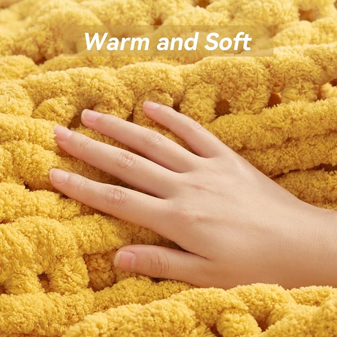 Negwoo Chunky Knit Throw Blanket, Knitted Throw Chenille Yarn, 60"*80" | Soft Thick Cable Knitted Blankets, Handmade Big Thick Blanket, Machine Washable Cute Comfy Blanket for Home Decor, Yellow