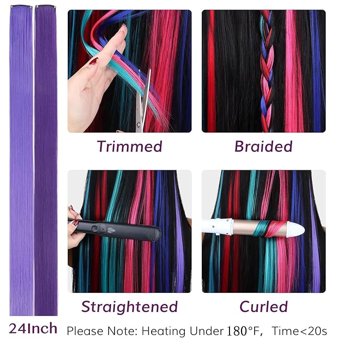 IDN BEAUTY Colored Clip in Hair Extension, 12PCS Light Purple Deep Purple 24Inch Multicolored Synthetic Hair Pieces for Women, Hair Accessories for Party Cosplay Travel Birthday Halloween