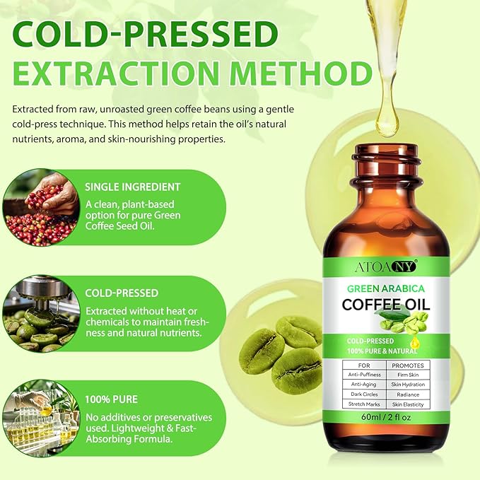 Coffee Essential Oil, Coffee Oil for Skin, Green Coffee Bean Oil for Face & Hair Growth, Cellulite, Reduces Puffiness, Dark Circles, Stretch Marks, Skin Tightening, Cold-Pressed, 4 Fl Oz