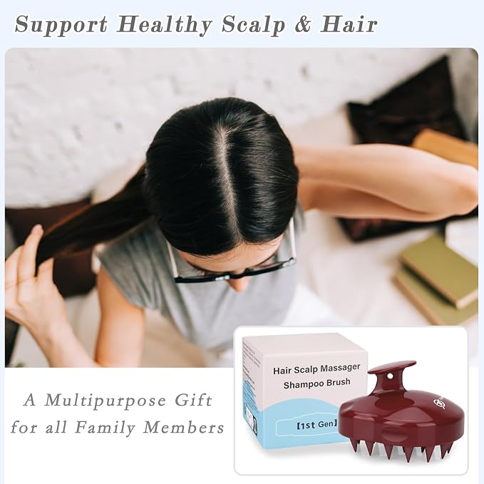 FREATECH Massager Shampoo Brush with Soft Silicone Bristles for Scalp Care, Shower Hair Scalp Scrubber Exfoliator for Dandruff Removal and Hair Growth, Wet & Dry for Men, Women and Kids, Red