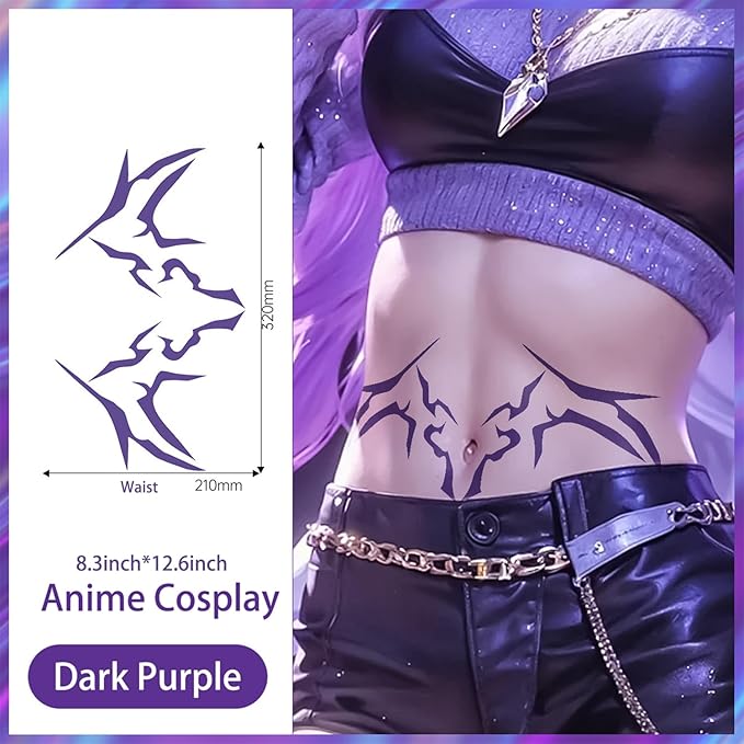 Rumi Tattoos Body Set–10 Purple Pieces per Pack (1 Face, 2 Chest, 2 Upper Arm, 2 Forearm, 1 Waist, 2 Thighs Symmetrical), Temporary Body Tattoos, Waterproof & Skin-Safe (Purple, 2 Pack)