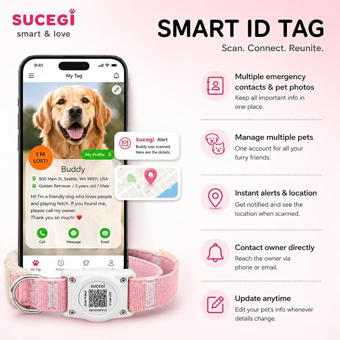 AirTag Dog Collar with QR Code ID, Dog Collar with Air Tag Holder, Pink, M