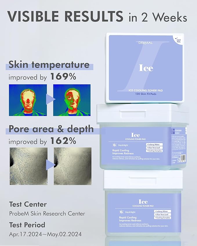 DERMAL Ice Cooling Toner Pad - Korean Soothing & Hydrating Toner Pads with Aloe Vera - After Suncare, Sunburn Relief, Redness Relief - Vegan Square, High Capacity, 120 Pads