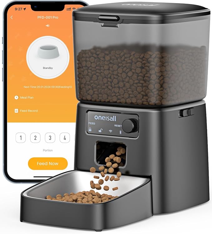 oneisall 2.4 GHz Wi-Fi Automatic Cat Feeder, 3.5L/15 Cups | Timed Meals, Feed Now, Feeding Logs, Slow Feed, Precise Portion, Dual Power Backup, Family Share, Stainless Steel Bowl