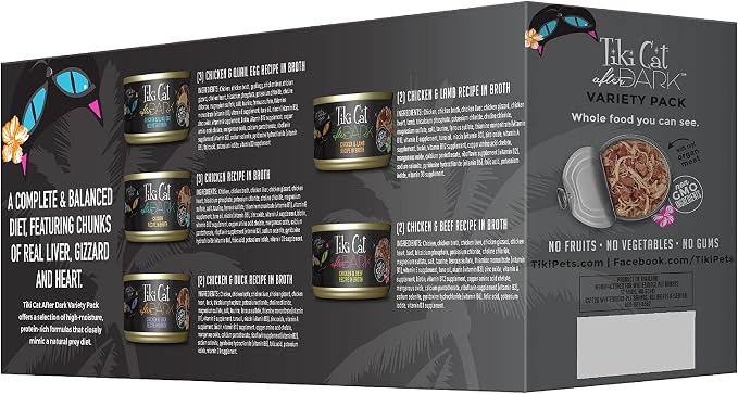 Tiki Cat After Dark Wet Cat Food, Variety Pack, 2.8 oz. Cans (12 Count) | High Protein with Organ Meat for Muscle Support, Grain-free, Supports Hydration, Non-GMO Ingredients, For All Life Stages
