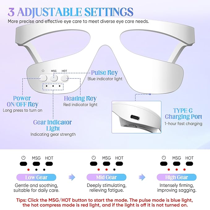 Under-Eye Light Therapy Device, Beauty Device with Pulsed, Light Therapy, and Heat, for Relieving Eye Bags, Eye Fatigue, and Dark Circles, with Gel and glass Strap (white & 3 modes)
