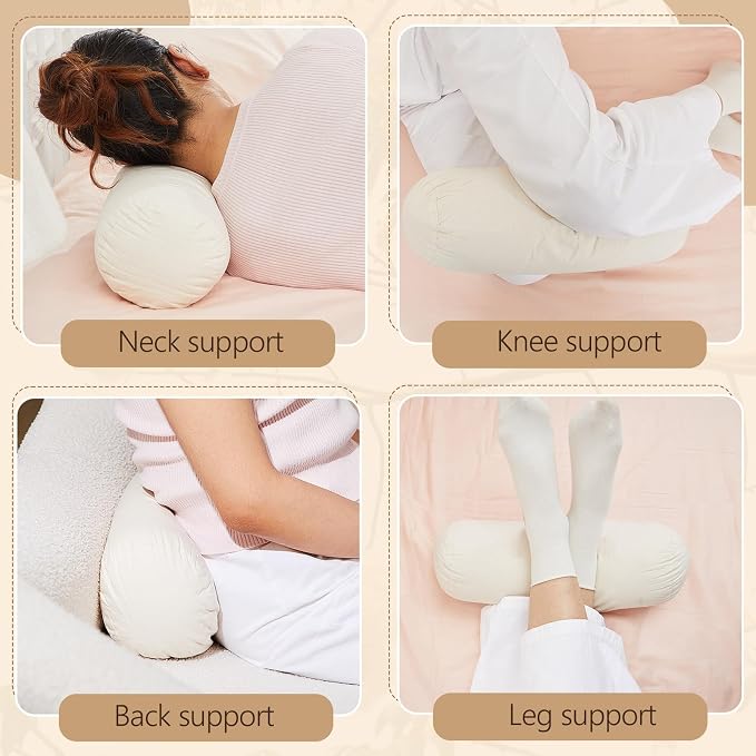 Leinuosen Organic Kapok Orthopedic Roll Pillow 14"x5" – Neck, Back, Knee & Leg Support Bolster – Cervical & Lumbar Roll for Pain Relief, Spinal Alignment – Natural Filling, Adjustable for Bed & Travel