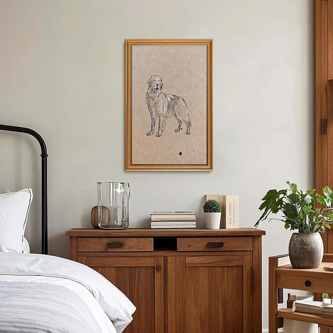 ZLPLLHA Gold Framed Wall Art Vintage Wall Decor Golden Retriever Canvas Art Dog Pet Pictures Portrait Paintings Sketch Artwork Antique Animal Prints For Bedroom Living Room