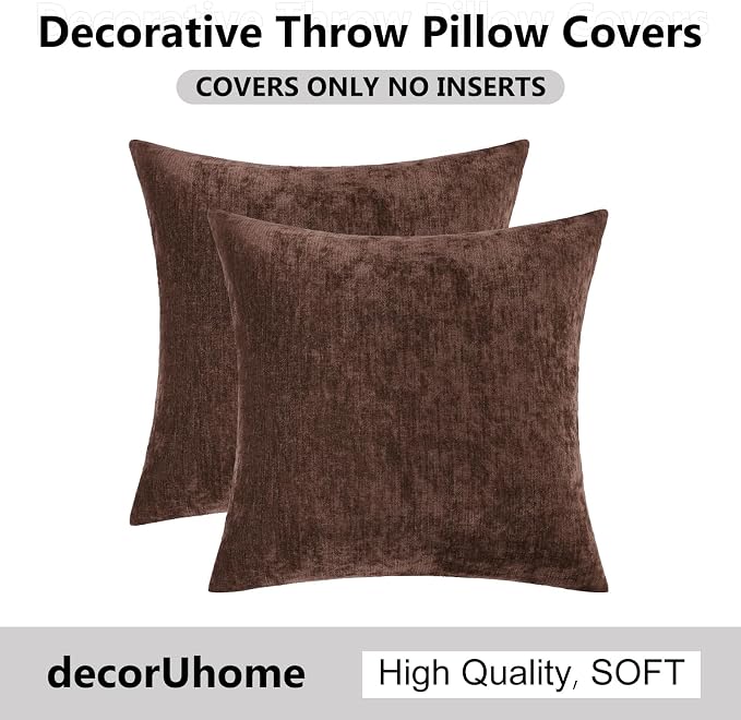 decorUhome Soft Chenille Reddish Brown Throw Pillow Covers 22X22 Set of 2 | Decorative Fall Couch Pillow Covers Solid Dyed Accent Modern Euro Sham Farmhouse Neutral Square Pillow Cases for Sofa