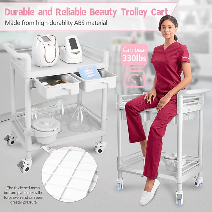 Beauty Trolley Cart with Wheels, Esthetician Cart with Handrail, Bucket and 2 Big Drawer, 2 Tier Heavy Duty Vacuum Therapy Machine Trolley, Load 330lbs, 360° Rotate Silent Wheels