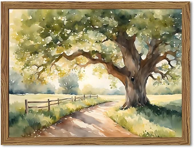 Framed Vintage Tree Landscape Wall Art, Watercolor Country Road Nature Wall Decor Paintings, Rustic Countryside Pictures Canvas Prints Aesthetic Home Decor for Living Room Bedroom Bathroom 8x10 inch