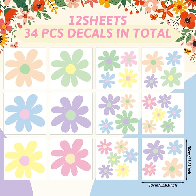 TaoBary 12 Sheet Daisy Wall Sticker Decal,Fresh Color,Attractive Style | Big Flower Wall Sticker, Pink White Floral Decal, Daisy Bedroom Room Decor, Removable Peel and Stick, Nursery Home Wall Decor