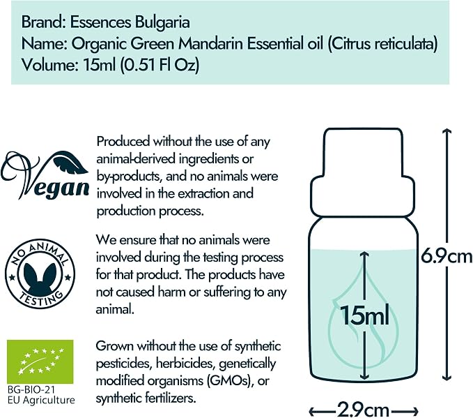 Essences Bulgaria Organic Green Mandarin Essential Oil 0.51 Fl Oz 15ml Citrus reticulata - 100% Pure and Natural Undiluted Therapeutic Grade Aromatherapy Diffuser Humidifier Candle Making Body Oil