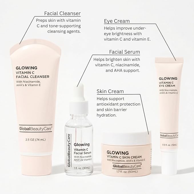 Global Beauty Care Vitamin C Glow Skincare Set - Complete Face Care Routine, Facial Cleanser, Serum, Eye Cream & Face Cream, with Niacinimade, AHA's & Vitamin E For Radiant Smooth Skin, 4-Piece Set