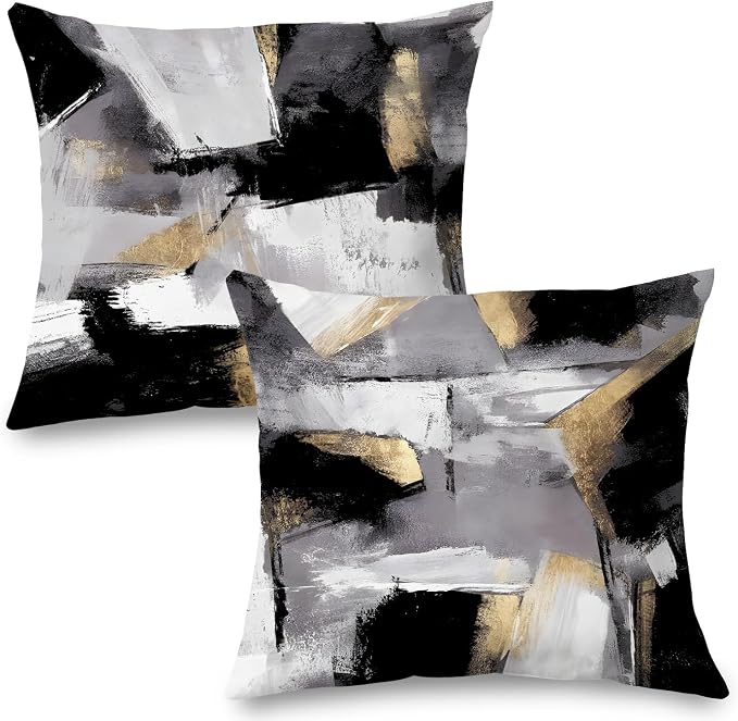 Black and White Pillow Covers, Abstract White Black and Gold Pillow Covers 20x20 Set of 2, Modern Black and White Pillow Covers for Couch Bed Living Room